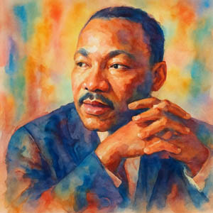 Watercolor portrait of Dr. Martin Luther King, Jr., quietly courageous and dignified
