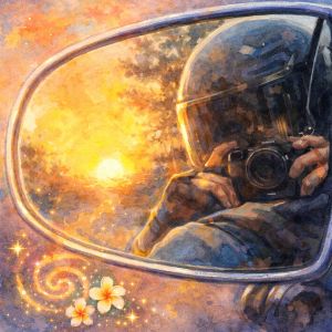 Watercolor illustration of Leialoha reflected in a motorcycle mirror photographing a radiant sunrise