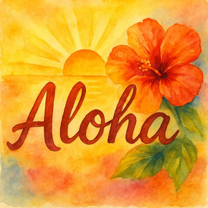 Watercolor art with the word Aloha and a rising sun, warm and welcoming