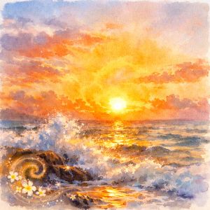 Watercolor sunrise with radiant golden sun and ocean waves
