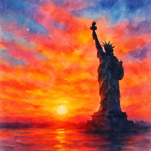 Watercolor sunrise over the Statue of Liberty, symbolizing hope and freedom