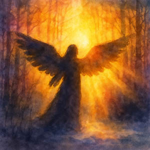 Watercolor of an angel in golden light among trees