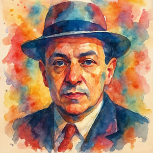 Radiant watercolor painting of writer Louis Aragon, expressive and colorful