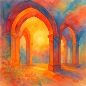Square watercolor in Daily Celebrations style — arches, geometry, light and shadow