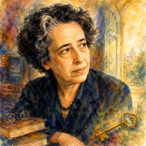 Watercolor portrait of Hannah Arendt with books, a symbolic golden key, and warm morning light