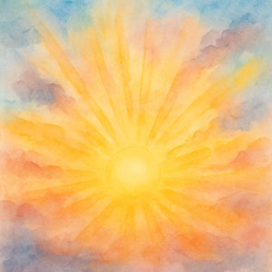 Square watercolor in Daily Celebrations style, bright sunrise washes and playful rays