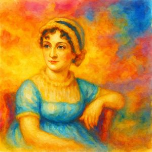Watercolor portrait of Jane Austen in warm, radiant colors