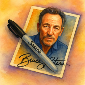 Watercolor of a Sharpie resting on a signed photo of Bruce Springsteen—readiness for an autograph moment
