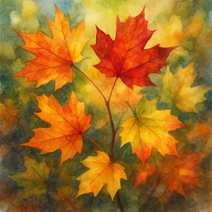 Watercolor painting of autumn leaves — radiant oranges, scarlets, and golds in the Daily Celebrations style