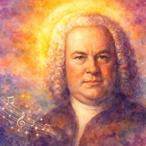 Watercolor portrait of Johann Sebastian Bach with radiant golden halo and musical notes
