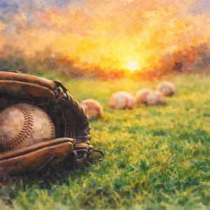 Radiant watercolor of a baseball glove and balls resting on the grass at sunset