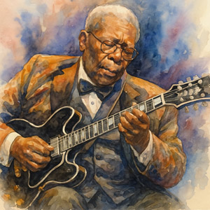 Watercolor portrait of B. B. King playing Lucille
