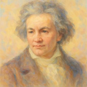 Soft watercolor-style portrait of Ludwig van Beethoven, gentle and thoughtful