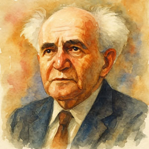 Watercolor portrait of David Ben-Gurion, thoughtful and steadfast in soft golden light