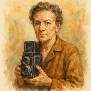 Portrait of Berenice Abbott, holding her camera, artistically styled