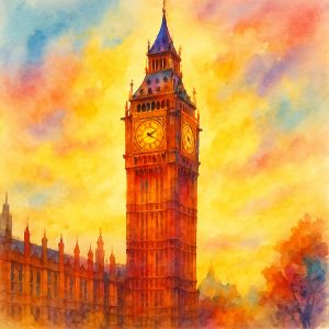 Watercolor of Big Ben in radiant, passionate colors