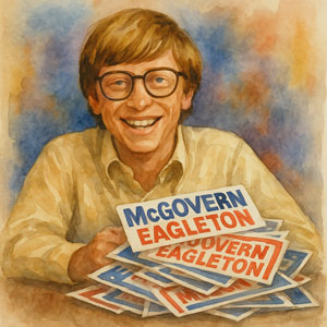 Young Bill Gates with McGovern–Eagleton bumper stickers and big smile