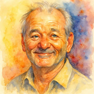 Playful watercolor portrait of Bill Murray with a knowing smile