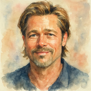 Square watercolor portrait of Brad Pitt