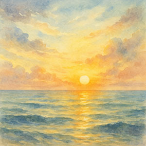 Watercolor sunrise at the ocean edge