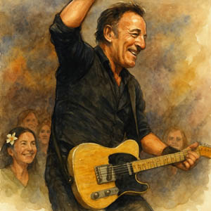 Bruce Springsteen watercolor portrait with me, Richard, and Kayla on the rail