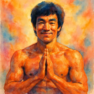 Portrait of Bruce Lee in action, focused and powerful
