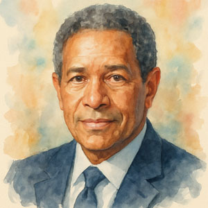 Warm watercolor portrait of broadcaster Bryant Gumbel