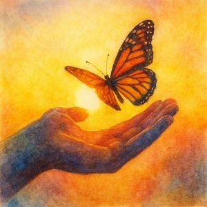 Watercolor of a monarch butterfly rising from an open hand in warm golden light.