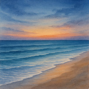 Square watercolor suggesting calm — gentle wave lines and a quiet horizon at twilight