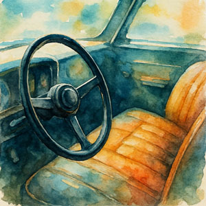 Watercolor of a classic vinyl car seat and wheel