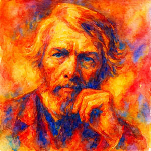 Watercolor portrait of Thomas Carlyle with a thoughtful, searching expression