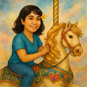 Watercolor painting of me on a vintage carousel horse with golden mane and colorful saddle against a dreamy pastel background