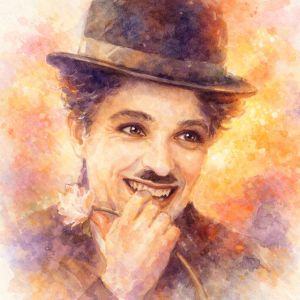 Watercolor portrait inspired by Charlie Chaplin’s joyful clown persona