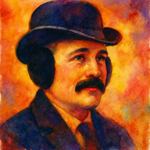 Watercolor portrait of Chester Greenwood wearing earmuffs in a wintery Maine scene