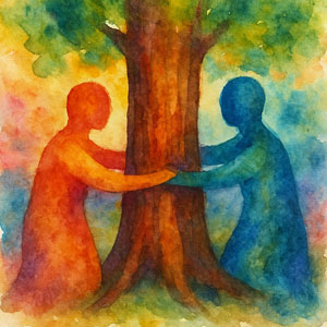 Square watercolor of two Uttarakhand village women embracing a tree in the forest (Chipko movement)