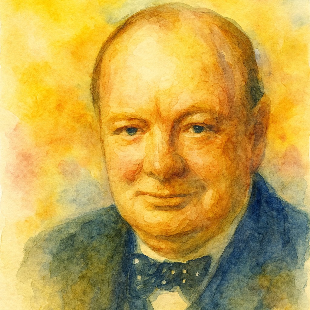 Watercolor portrait of Winston Churchill, resolute and steady, softened with gentle light
