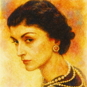 Watercolor portrait of Coco Chanel, elegant in black with pearls, painted in radiant, stylish colors