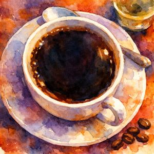 Watercolor illustration of a cup of coffee glowing with warm morning light