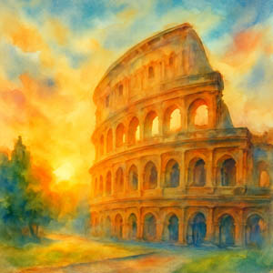 Watercolor of the Roman Colosseum at sunrise, glowing in warm colors