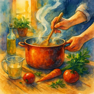 Warm kitchen scene with a pot on the stove