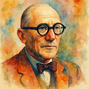 Watercolor portrait of architect Le Corbusier wearing round glasses and a bow tie