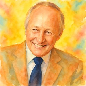 Watercolor portrait of Norman Cousins in radiant, hopeful colors
