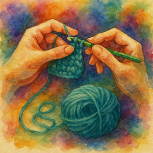 Watercolor of hands crocheting in radiant color, celebrating the harmony of mind, heart, and craft
