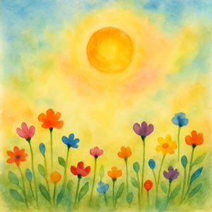 watercolor of the sun and flowers symbolizing renewal and daily beauty