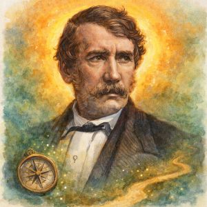 Watercolor portrait of explorer David Livingstone with compass and winding path symbolizing perseverance and purpose