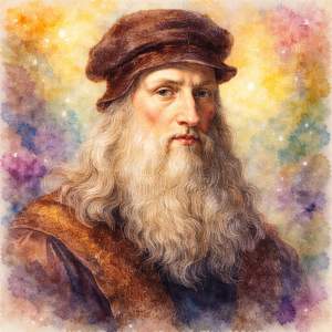 Square watercolor portrait of Leonardo da Vinci in radiant, passionate colors