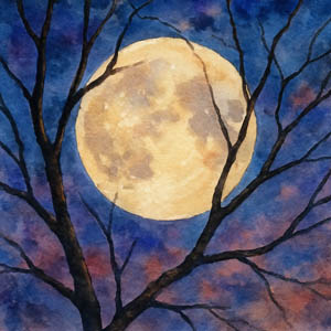 Watercolor of full moon through branches
