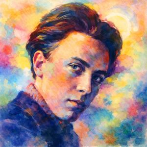Watercolor portrait of Robert Delaunay in radiant colors