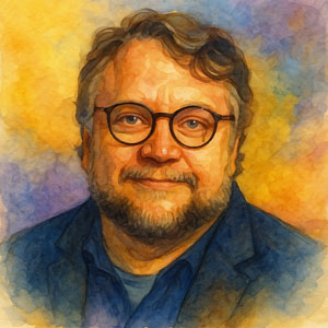 Watercolor portrait of Guillermo del Toro—warm light, round glasses, and creative imagination glowing in soft radiant tones.