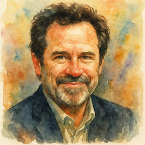 Warm watercolor portrait of comedian Dennis Miller